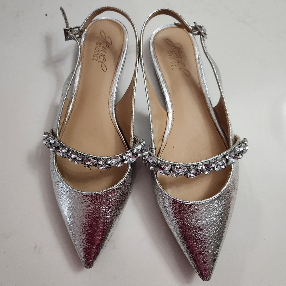 Jewel Badgley Mischka Bambi Slingback Evening Flat Silver Shoes Rhinestone 6 1/2